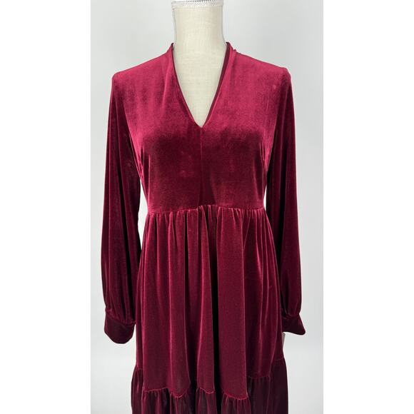 Taylor Dress Velvet Long Sleeve Tiered Dress Womens Size 10 V Neck Red Wine - Picture 2 of 11